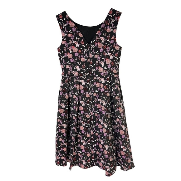 Adrianna Papell Dress Black Pink Floral Ruched‎ Embroidered Cocktail Shimmer 6 - Picture 3 of 14